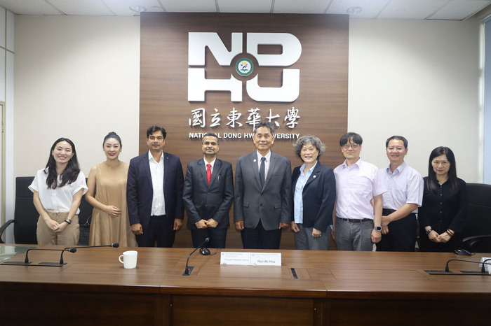 Group photo of the India Taipei Association delegation with NDHU President Prof. Hui-Ming Hsu following a meeting and exchange session.